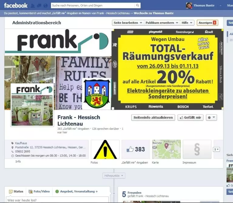 Frank – Hessisch Lichtenau: Abverkauf  mit Facebook Fanpage &  -Werbung