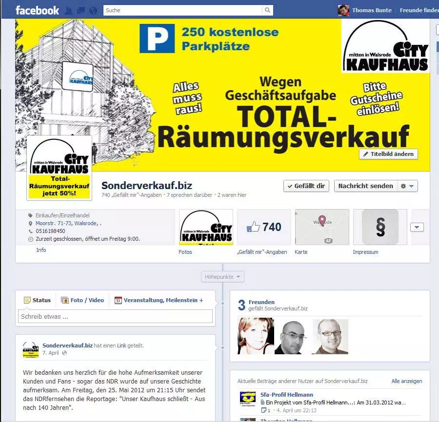 Screenshot Fanpage Sonderverkauf
